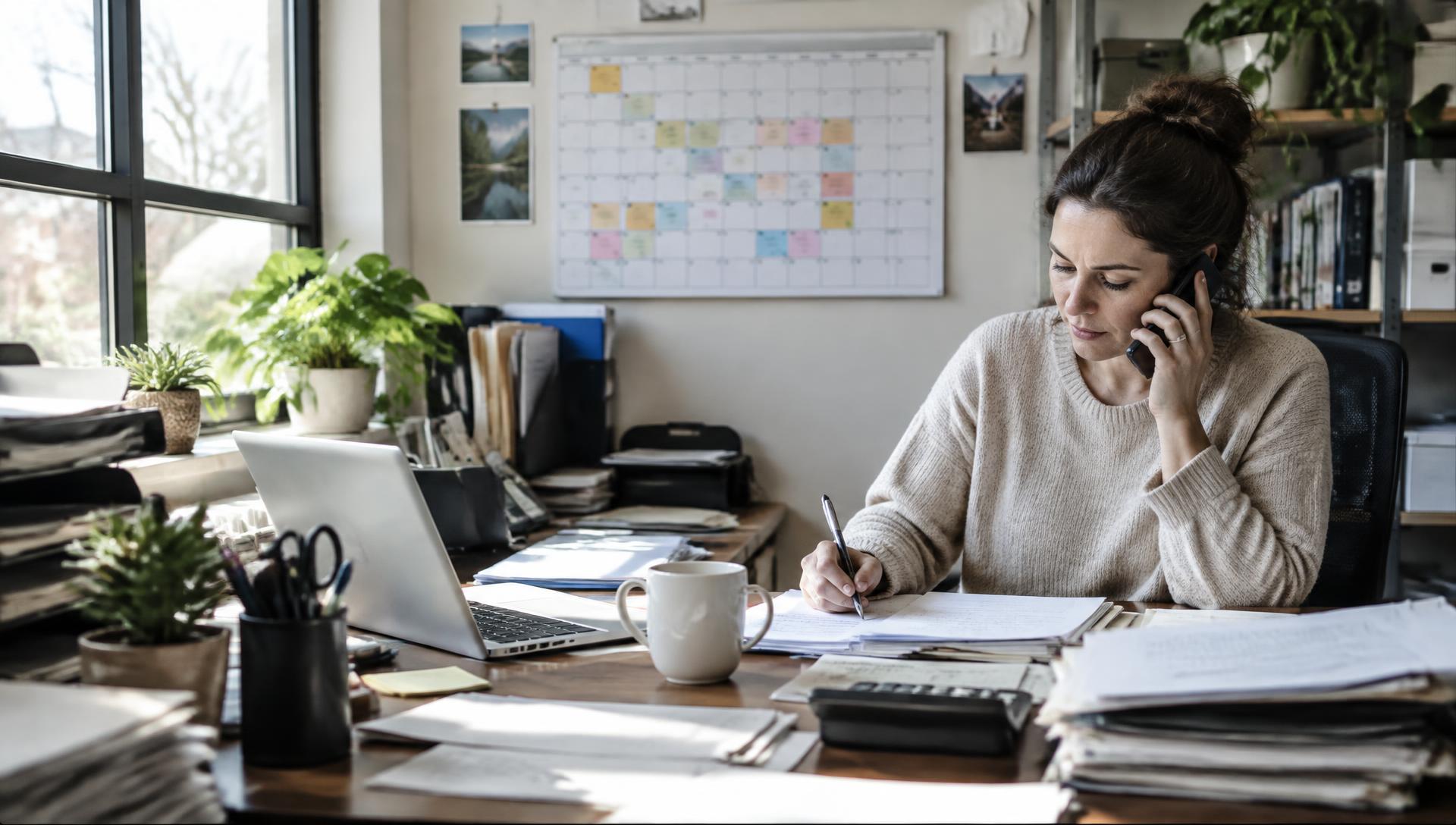 Business owner on the phone working through paperwork and a schedule