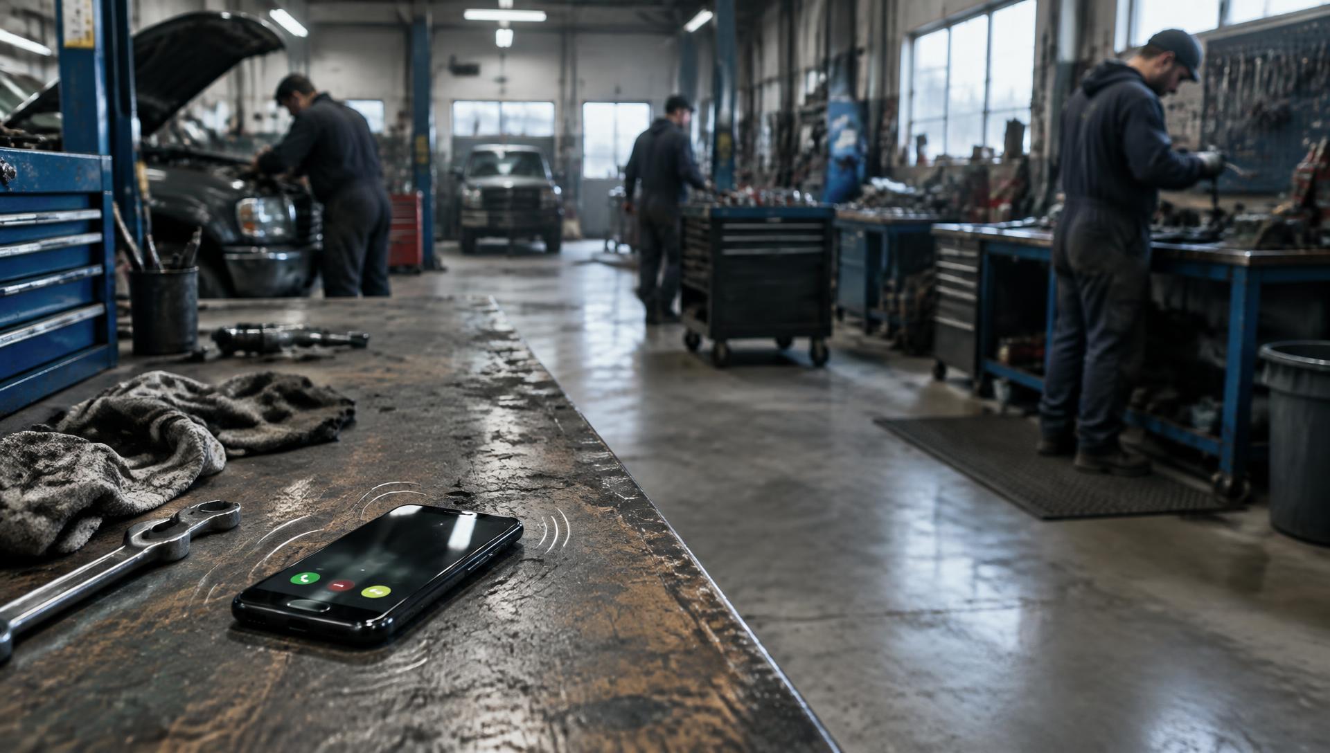 A phone ringing unanswered on a workbench in a busy shop