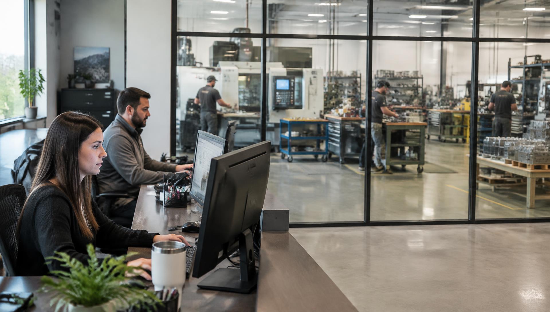 Front office staff at computers beside an active shop floor