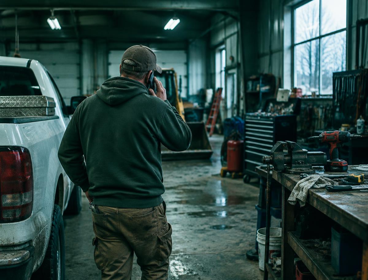 Contractor taking a customer call in a working shop